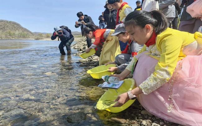 4月27日，前來放流大麻哈魚的小學生。